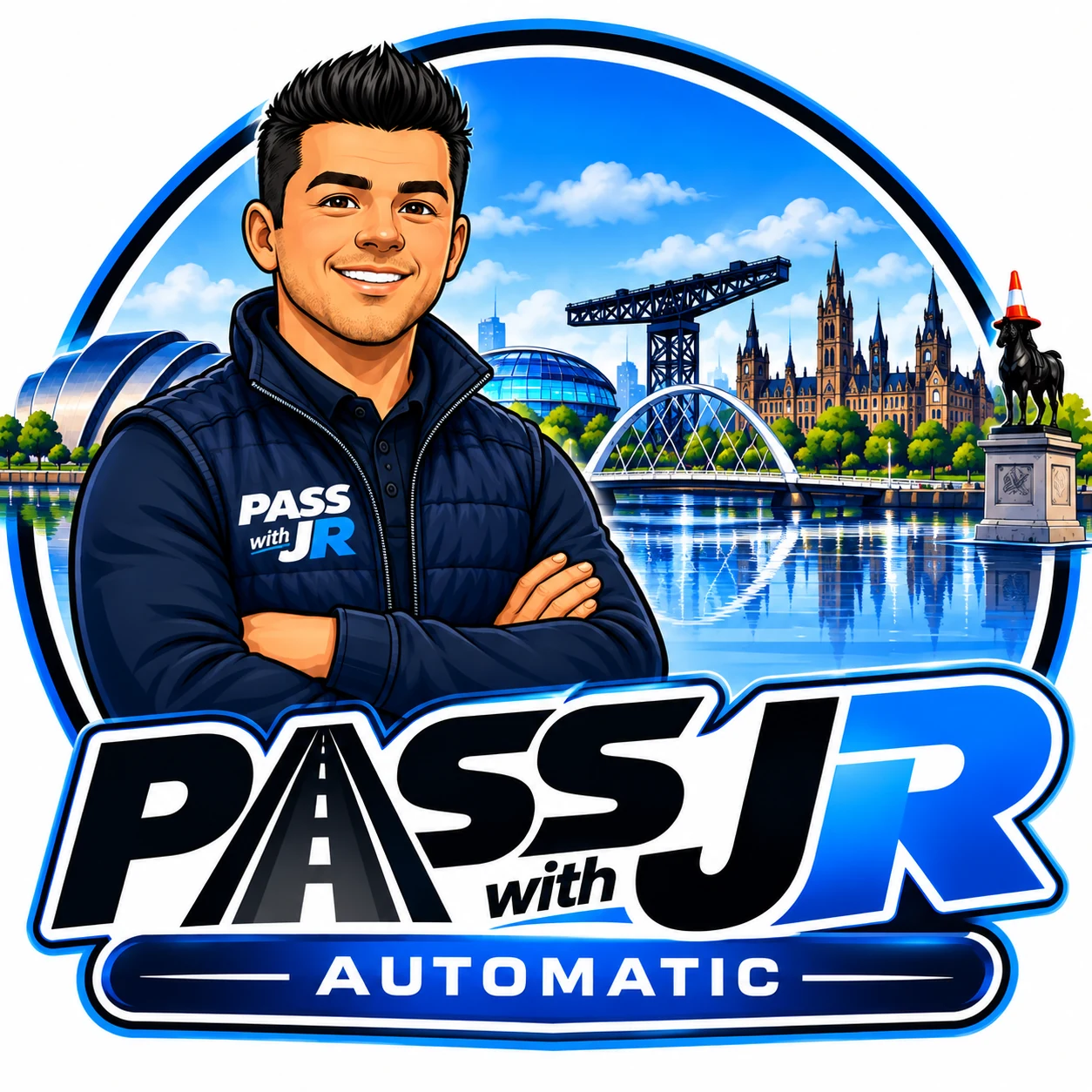 Pass with JR cartoon instructor with Glasgow skyline